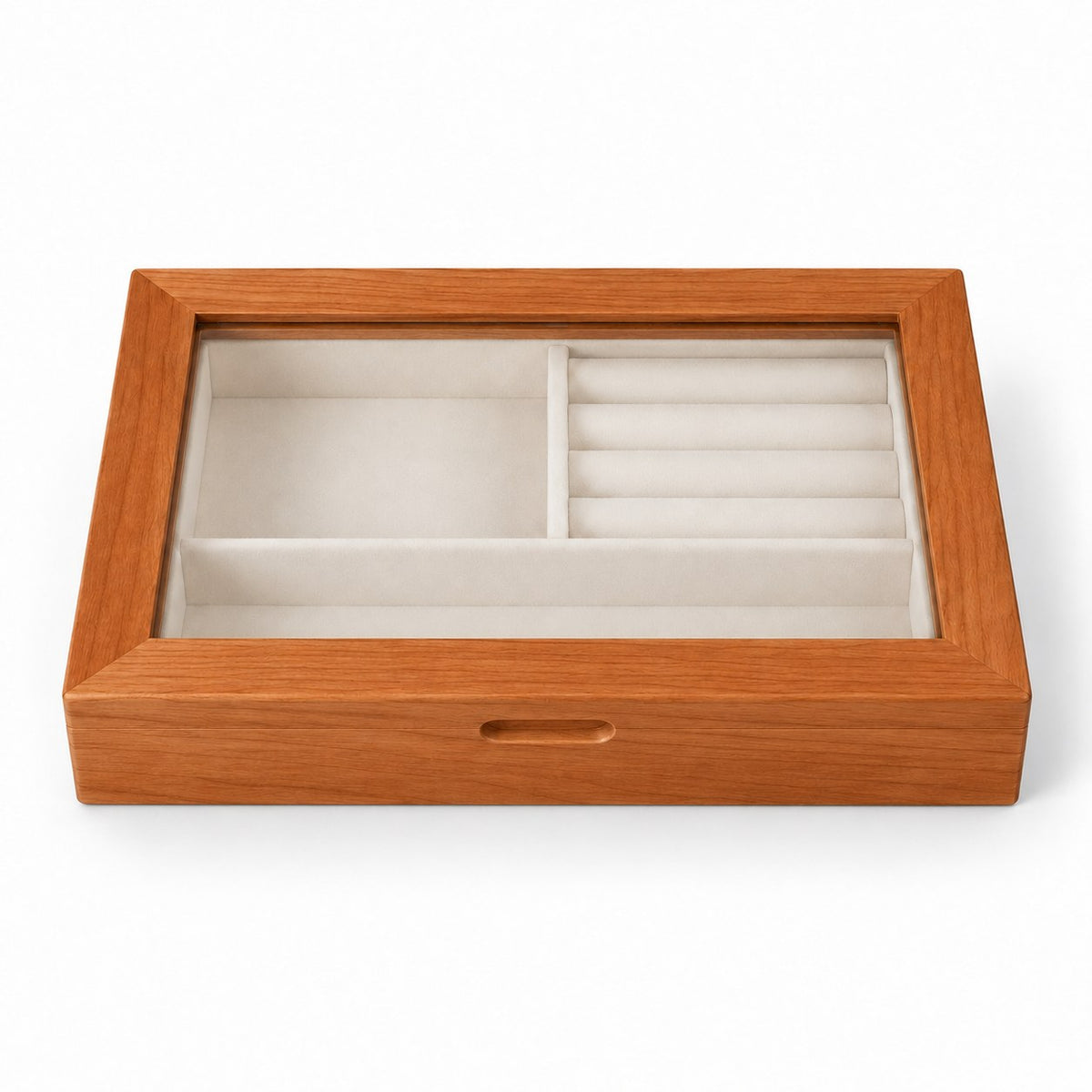 Lucina Glass Jewellery Box in Cherry, closed, studio view on white #Wood_Cherry