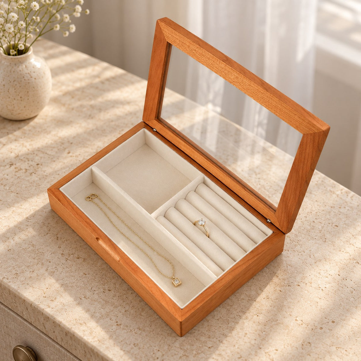 Lucina Glass Jewellery Box in Cherry, on a dressing table #Wood_Cherry