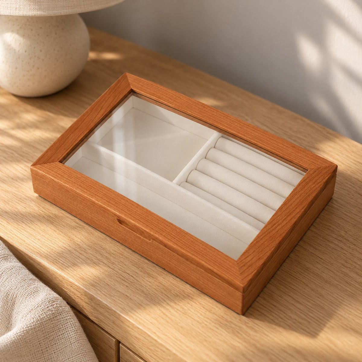 Lucina Glass Jewellery Box in Cherry, on a sideboard in natural light #Wood_Cherry