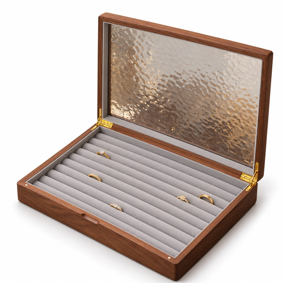 Marea Glass Jewellery Box in Ring, open with empty compartments, studio view on white #Style_Ring