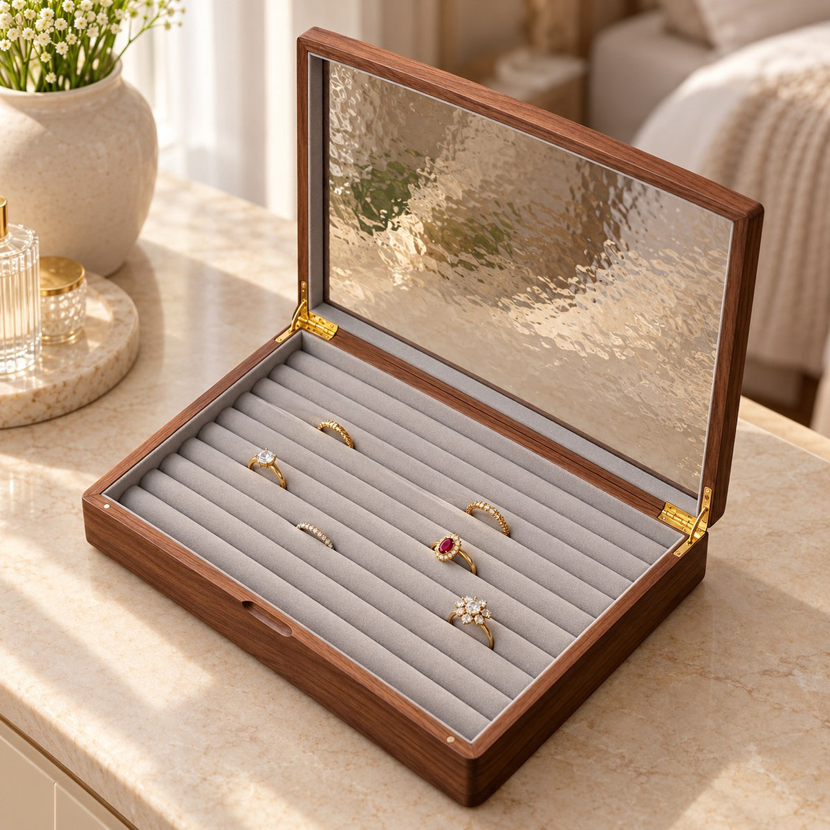 Marea Glass Jewellery Box in Ring, on a dressing table #Style_Ring