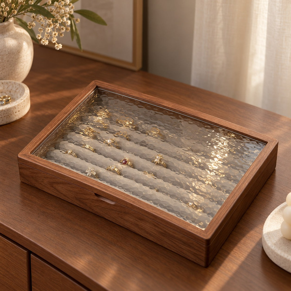 Marea Glass Jewellery Box in Ring, on a sideboard in natural light #Style_Ring