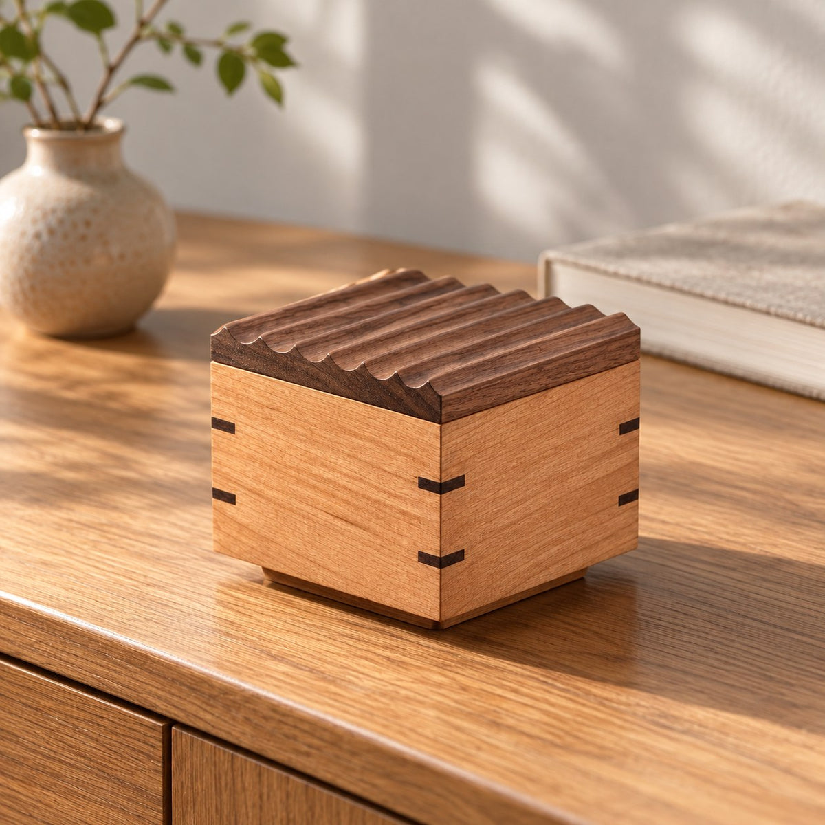 Memora Ripple-Lid Keepsake Box in Square, on a sideboard in natural light #Size_Square