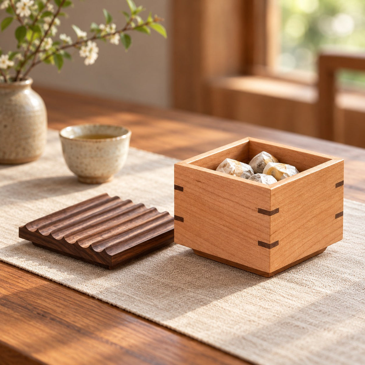 Memora Ripple-Lid Keepsake Box in Square, on a table #Size_Square