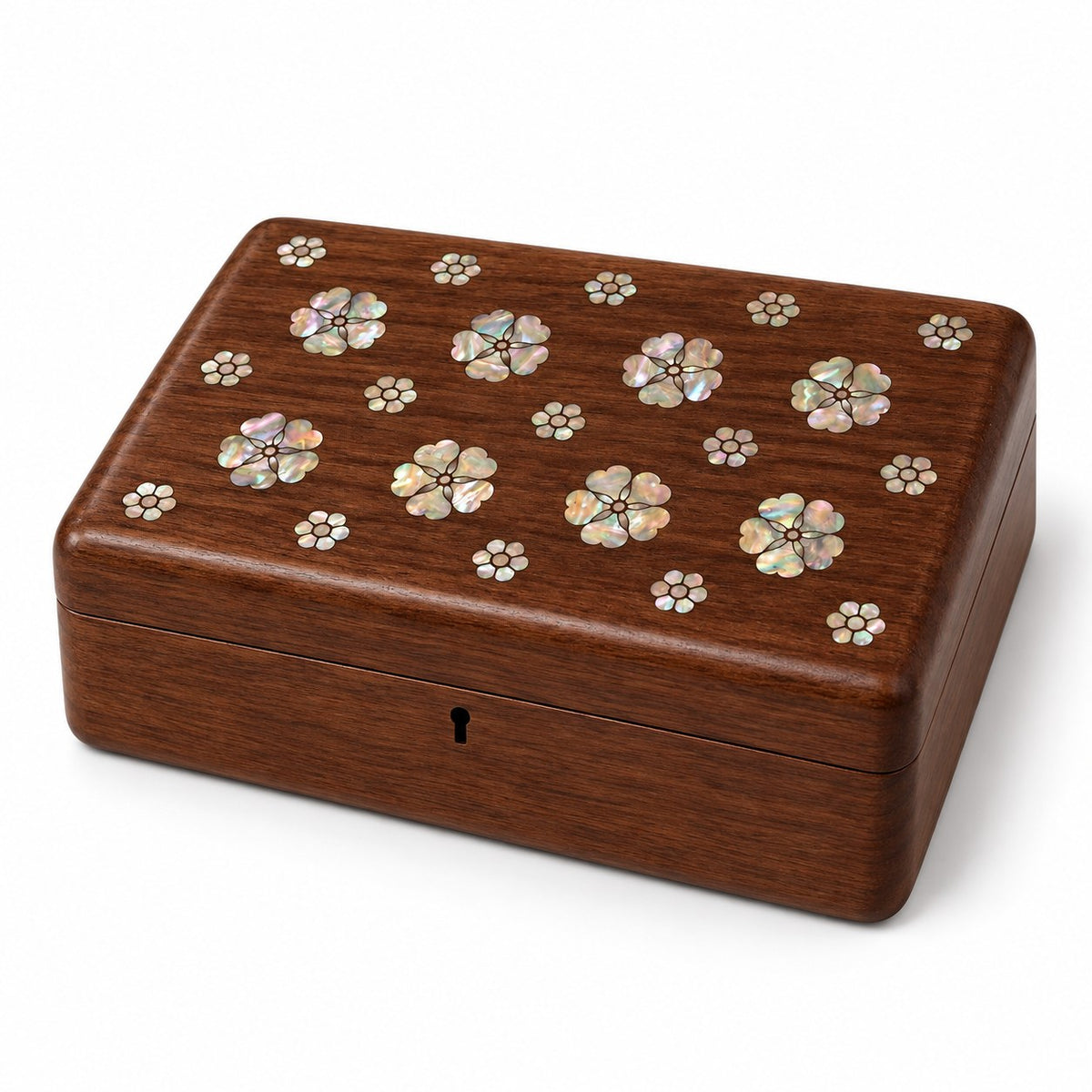 Nacrea Mother-of-Pearl Jewellery Box in Single Layer, closed, studio view on white #Style_Single Layer