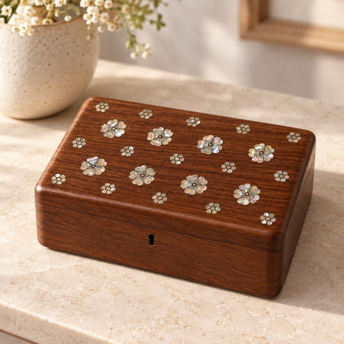 Nacrea Mother-of-Pearl Jewellery Box in Single Layer, on a sideboard in natural light #Style_Single Layer