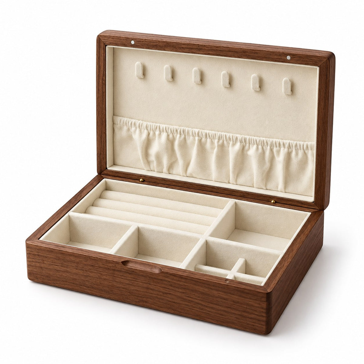 Ornata Embroidered Jewellery Box in Phoenix, open with empty compartments, studio view on white #Style_Phoenix