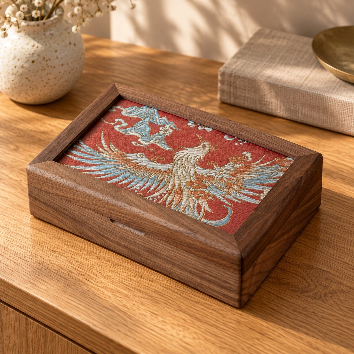 Ornata Embroidered Jewellery Box in Phoenix, on a sideboard in natural light #Style_Phoenix