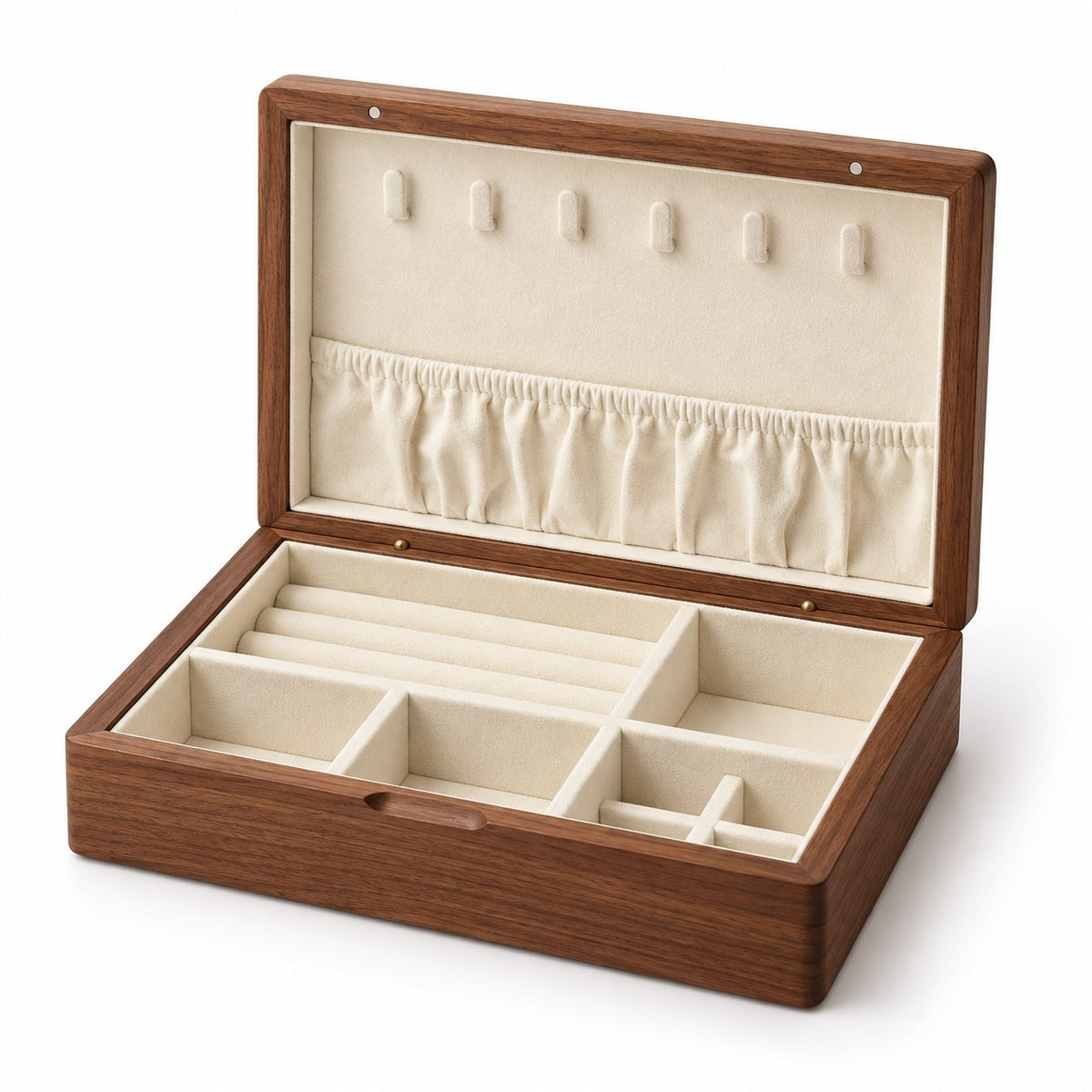 Ornata Embroidered Jewellery Box in Rivermount, open with empty compartments, studio view on white #Style_Rivermount