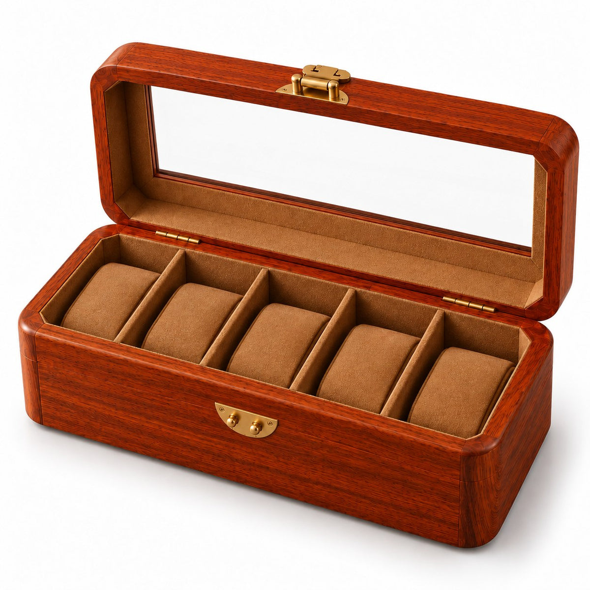 Pictura Hand-Painted Watch Box in 5-Slot, open with empty compartments, studio view on white #Style_5-Slot