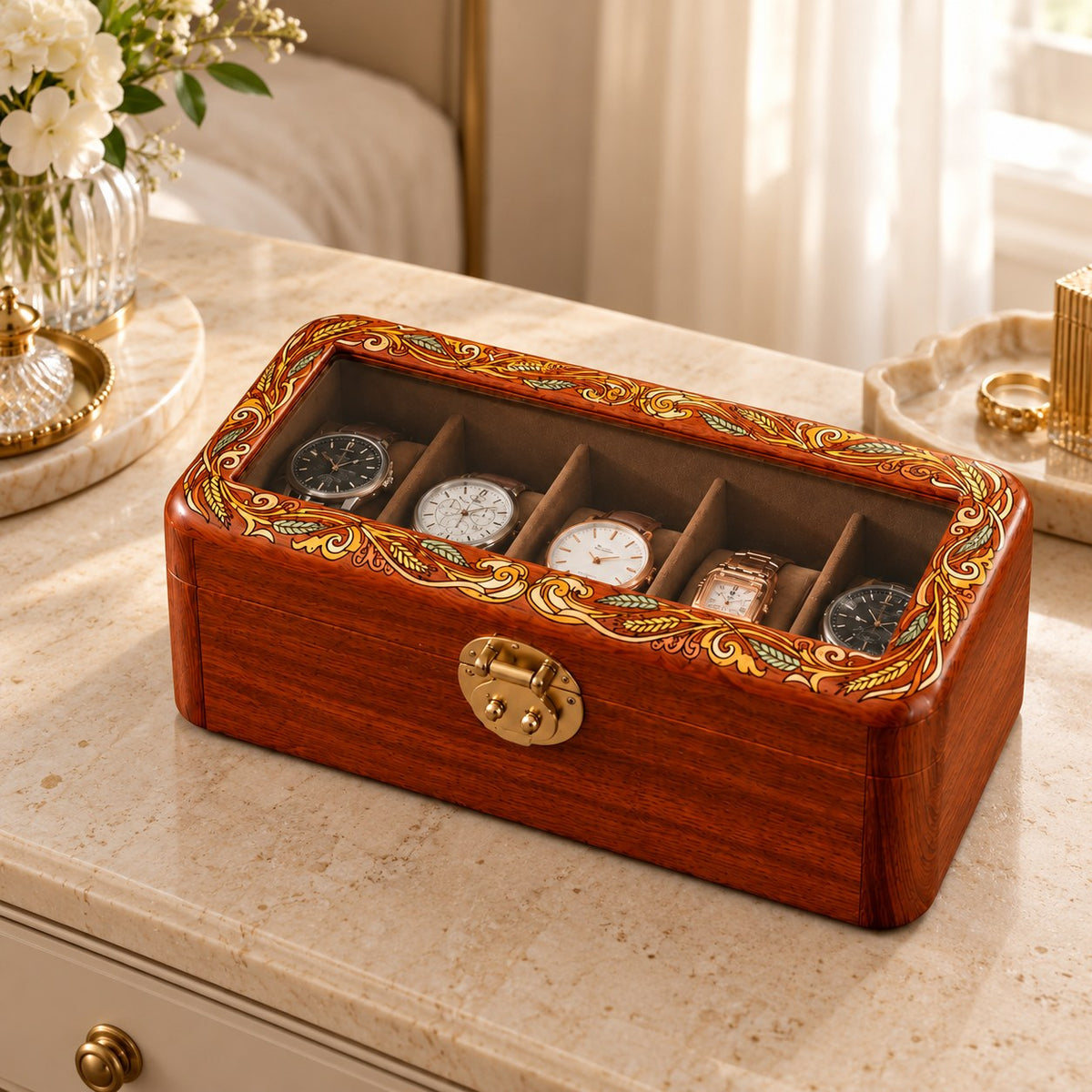 Pictura Hand-Painted Watch Box in 5-Slot, on a dressing table #Style_5-Slot