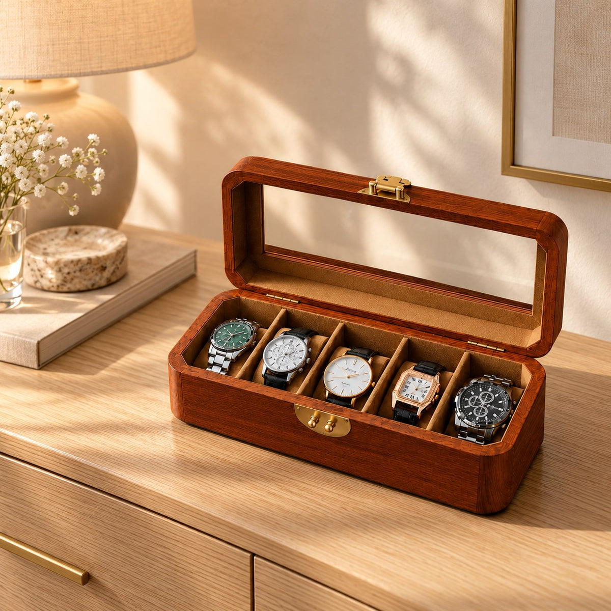 Pictura Hand-Painted Watch Box in 5-Slot, on a sideboard in natural light #Style_5-Slot