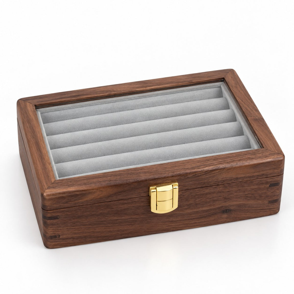 Pleia Walnut Jewellery Box in Grey, closed, studio view on white #Interior Colour_Grey