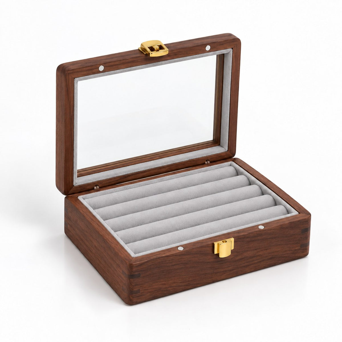 Pleia Walnut Jewellery Box in Grey, open with empty compartments, studio view on white #Interior Colour_Grey