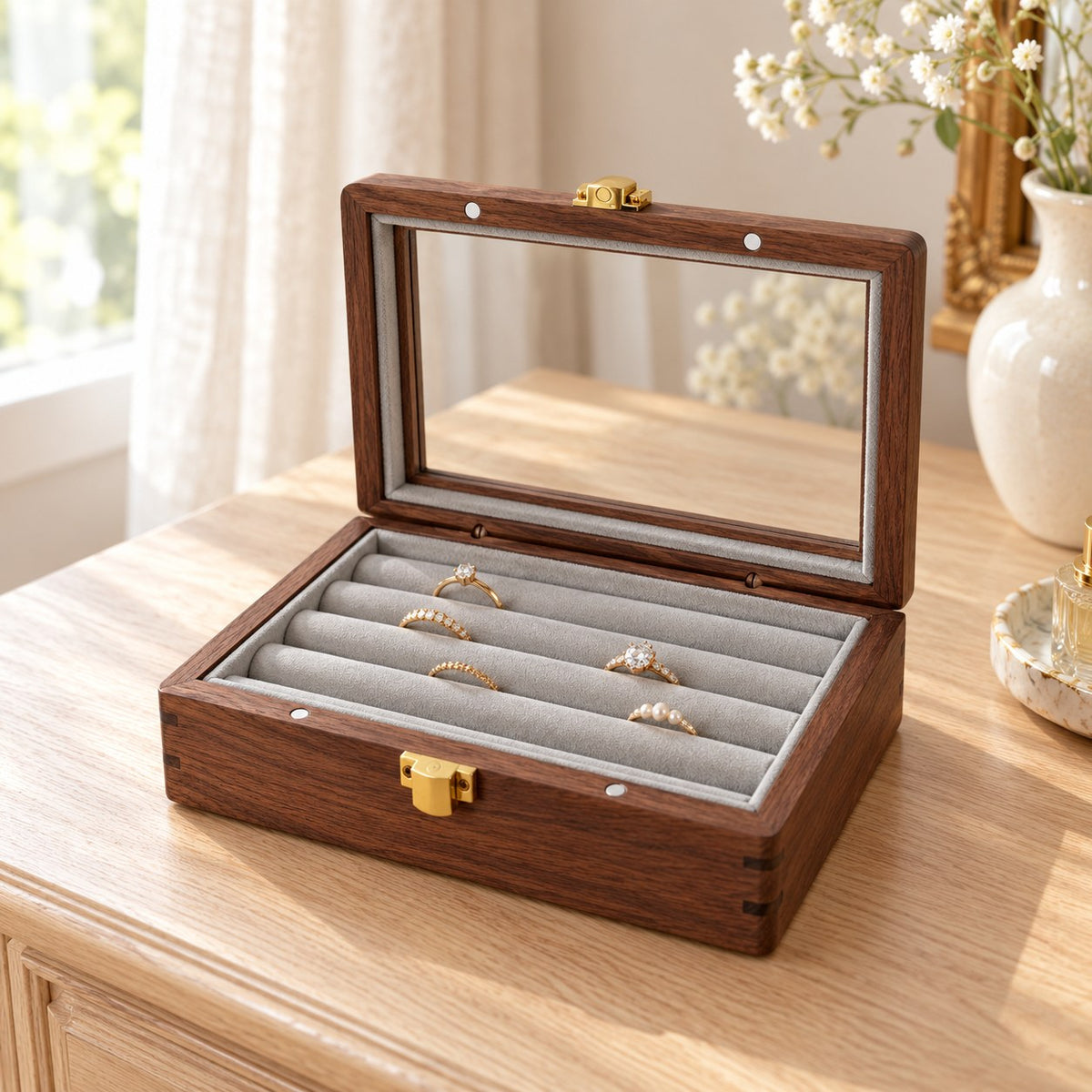 Pleia Walnut Jewellery Box in Grey, on a dressing table #Interior Colour_Grey