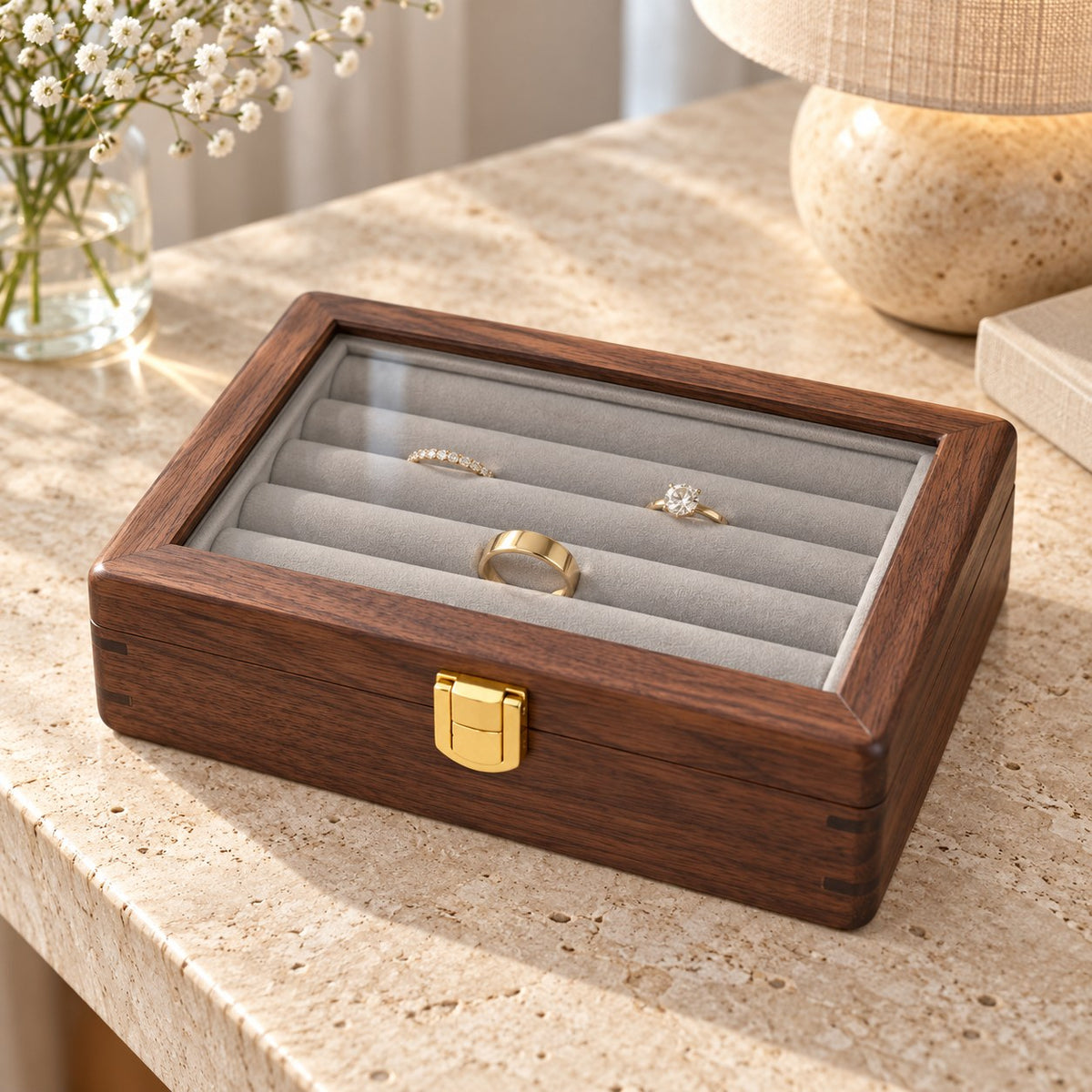 Pleia Walnut Jewellery Box in Grey, on a sideboard in natural light #Interior Colour_Grey