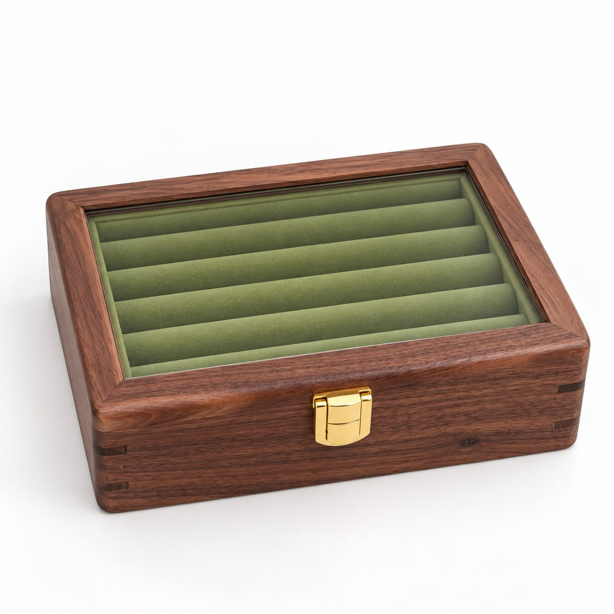 Pleia Walnut Jewellery Box in Green, closed, studio view on white #Interior Colour_Green