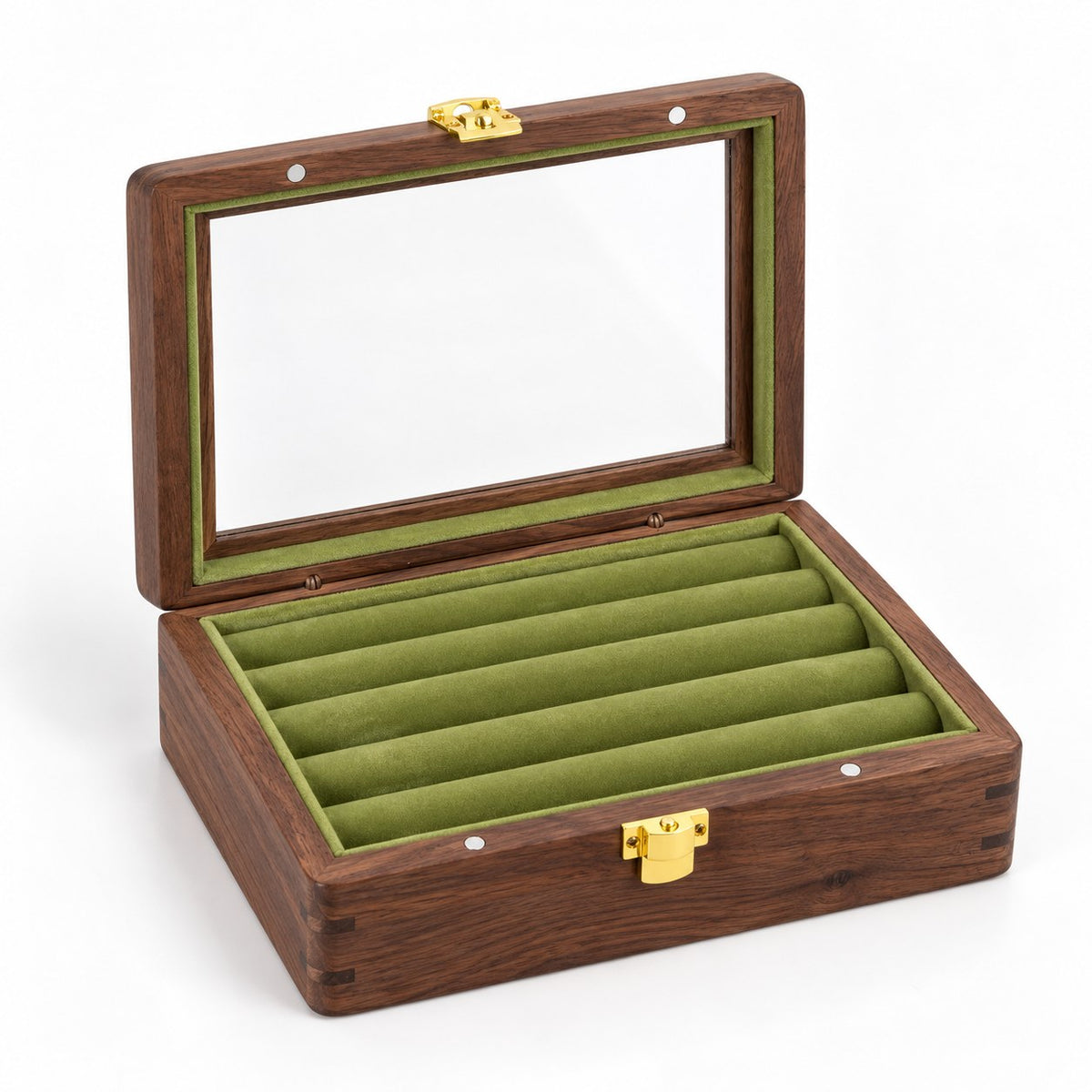 Pleia Walnut Jewellery Box in Green, open with empty compartments, studio view on white #Interior Colour_Green