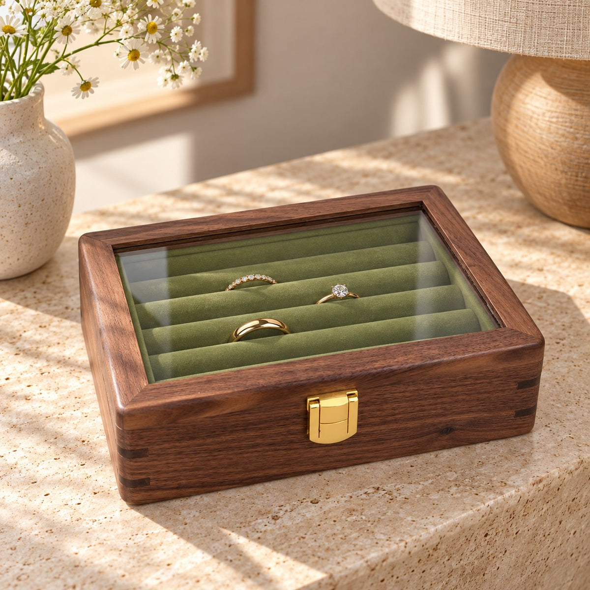 Pleia Walnut Jewellery Box in Green, on a sideboard in natural light #Interior Colour_Green