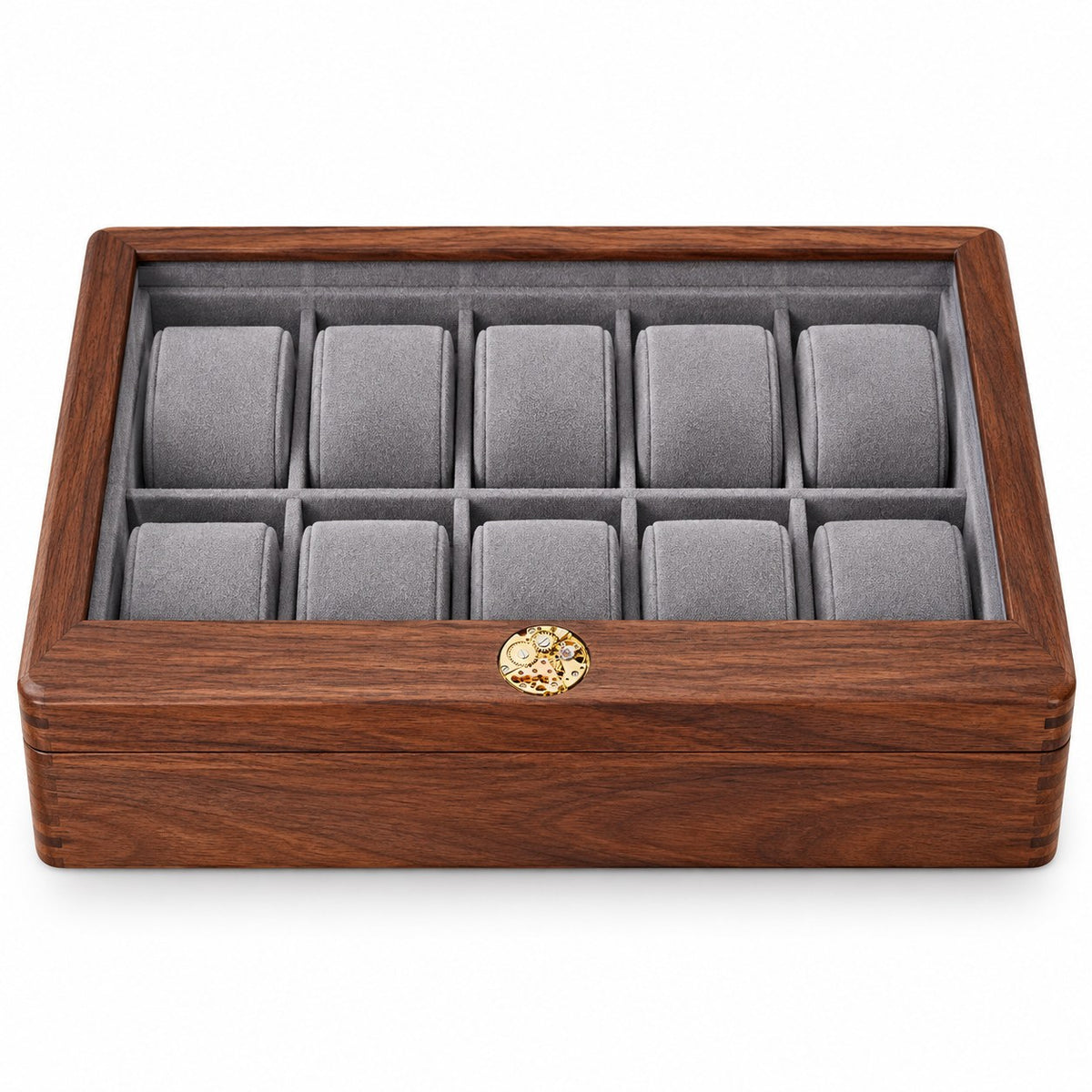 Pollux Walnut Watch Box in 10-Slot / 5 Large + 5 Small, closed, studio view on white #Size_10-Slot|Cushions Style_5 Large + 5 Small