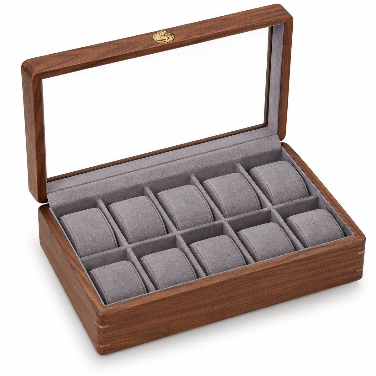 Pollux Walnut Watch Box in 10-Slot / 5 Large + 5 Small, open with empty compartments, studio view on white #Size_10-Slot|Cushions Style_5 Large + 5 Small