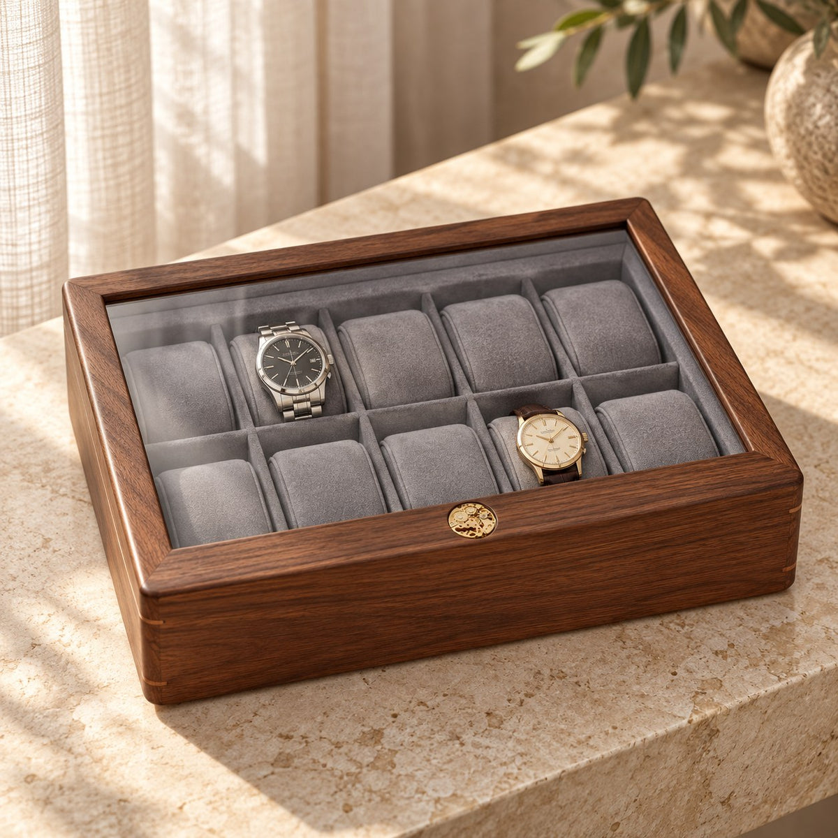 Pollux Walnut Watch Box in 10-Slot / 5 Large + 5 Small, on a sideboard in natural light #Size_10-Slot|Cushions Style_5 Large + 5 Small