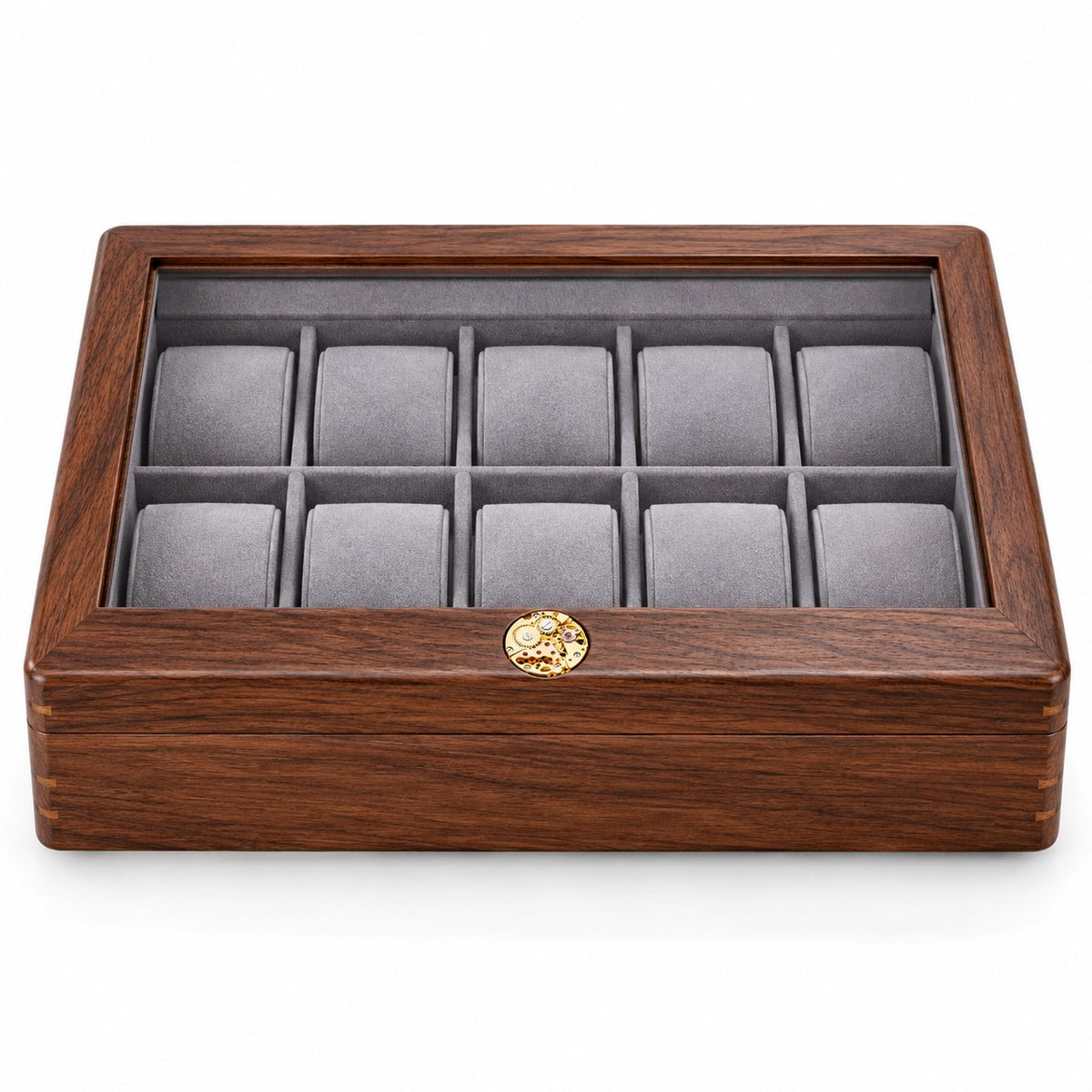 Pollux Walnut Watch Box in 10-Slot / Large, closed, studio view on white #Size_10-Slot|Cushions Style_Large