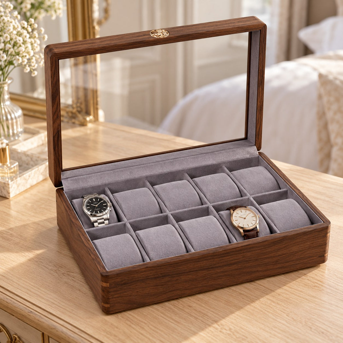 Pollux Walnut Watch Box in 10-Slot / Large, on a dressing table #Size_10-Slot|Cushions Style_Large
