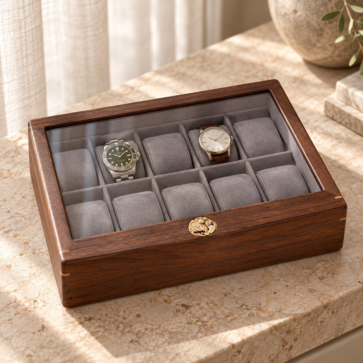 Pollux Walnut Watch Box in 10-Slot / Small, on a sideboard in natural light #Size_10-Slot|Cushions Style_Small