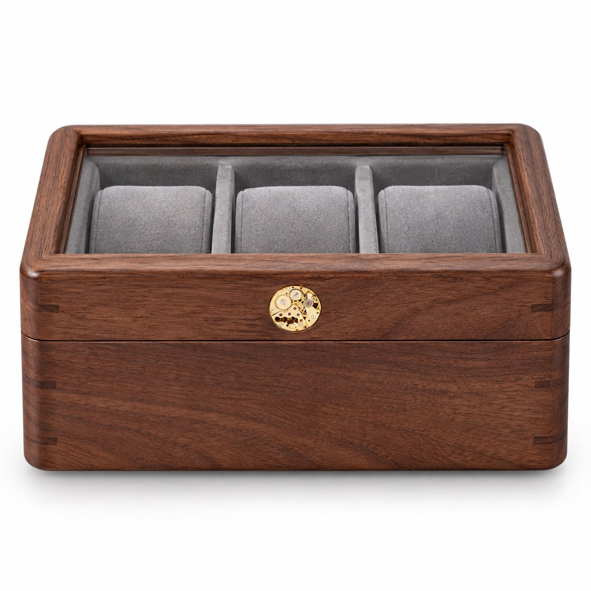 Pollux Walnut Watch Box in 3-Slot, closed, studio view on white #Size_3-Slot