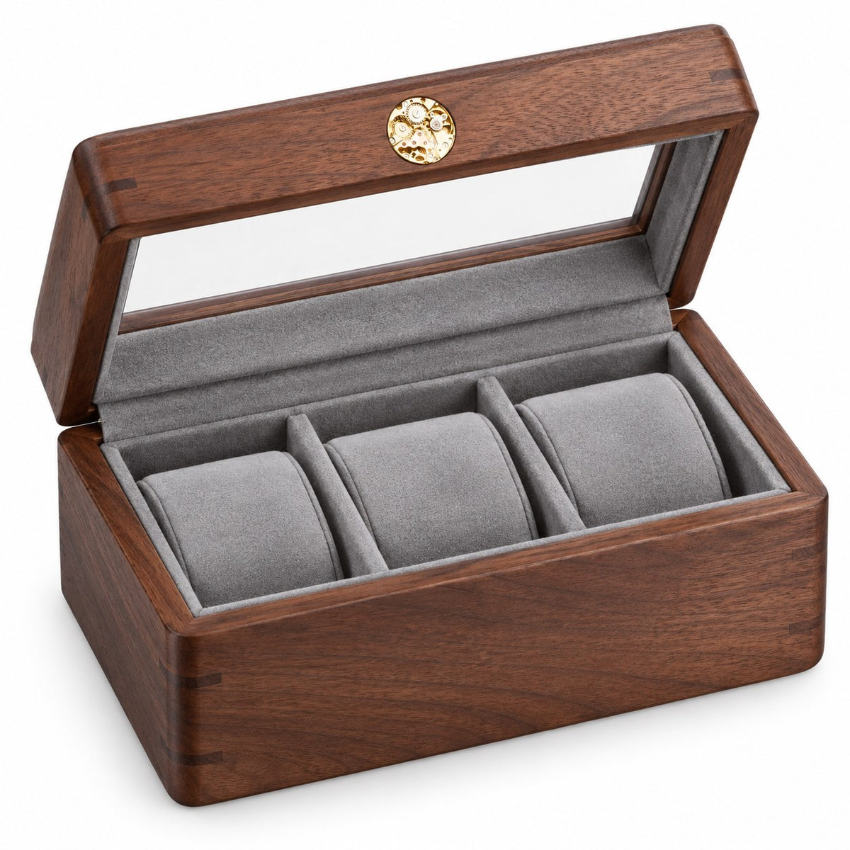 Pollux Walnut Watch Box in 3-Slot, open with empty compartments, studio view on white #Size_3-Slot