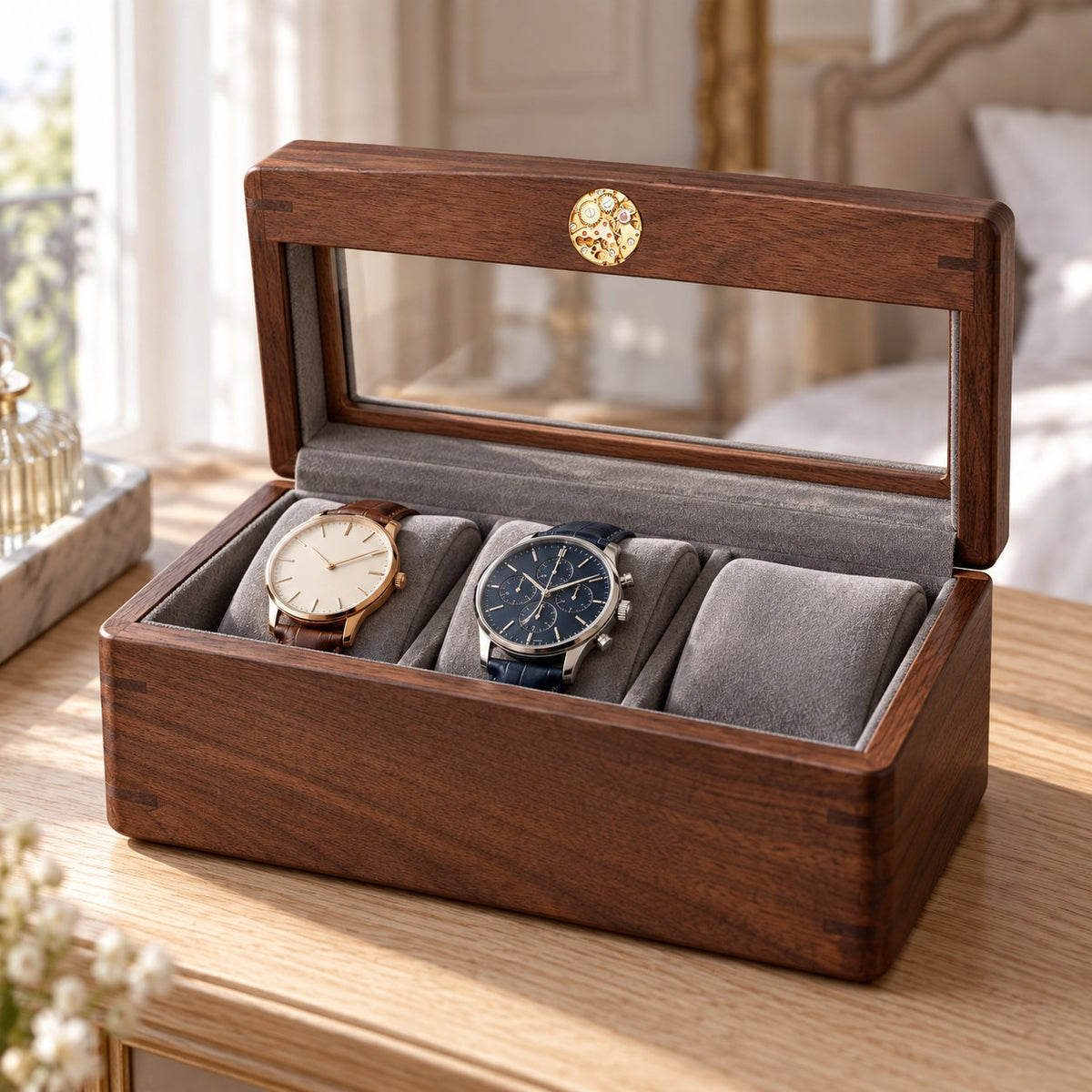 Pollux Walnut Watch Box in 3-Slot, on a dressing table #Size_3-Slot