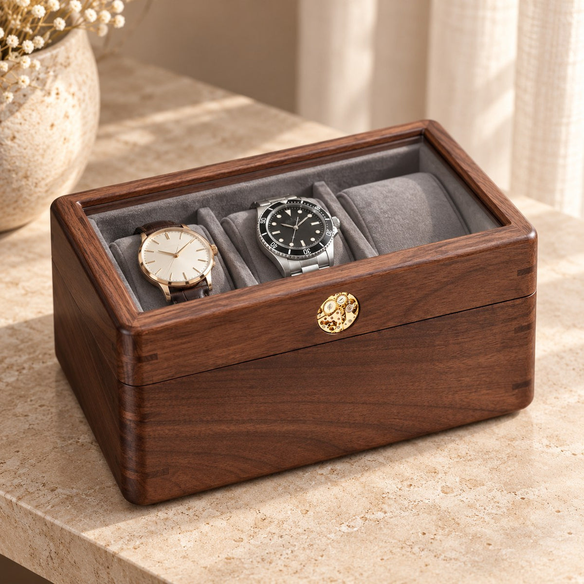 Pollux Walnut Watch Box in 3-Slot, on a sideboard in natural light #Size_3-Slot