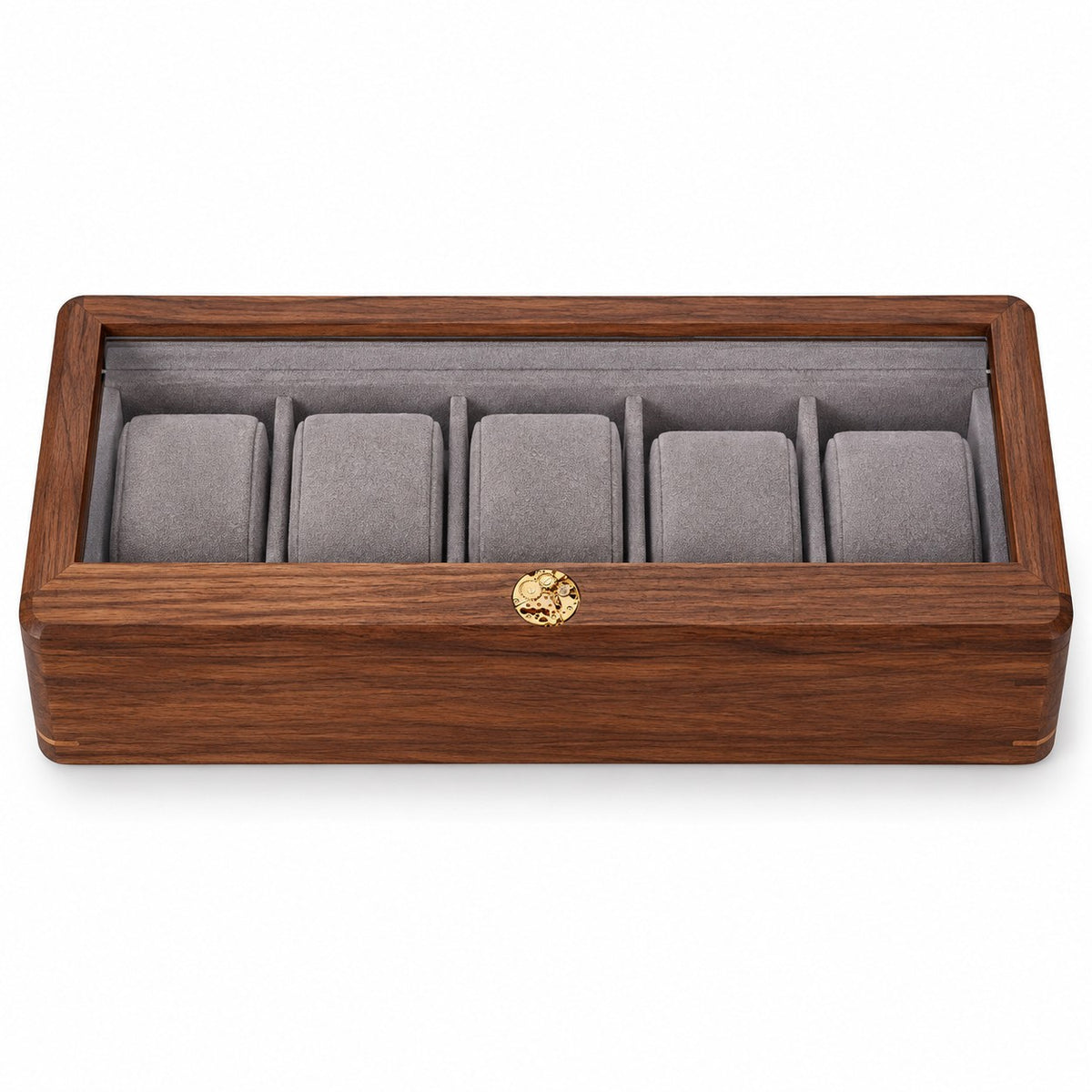 Pollux Walnut Watch Box in 5-Slot / 3 Large + 2 Small, closed, studio view on white #Size_5-Slot|Cushions Style_3 Large + 2 Small