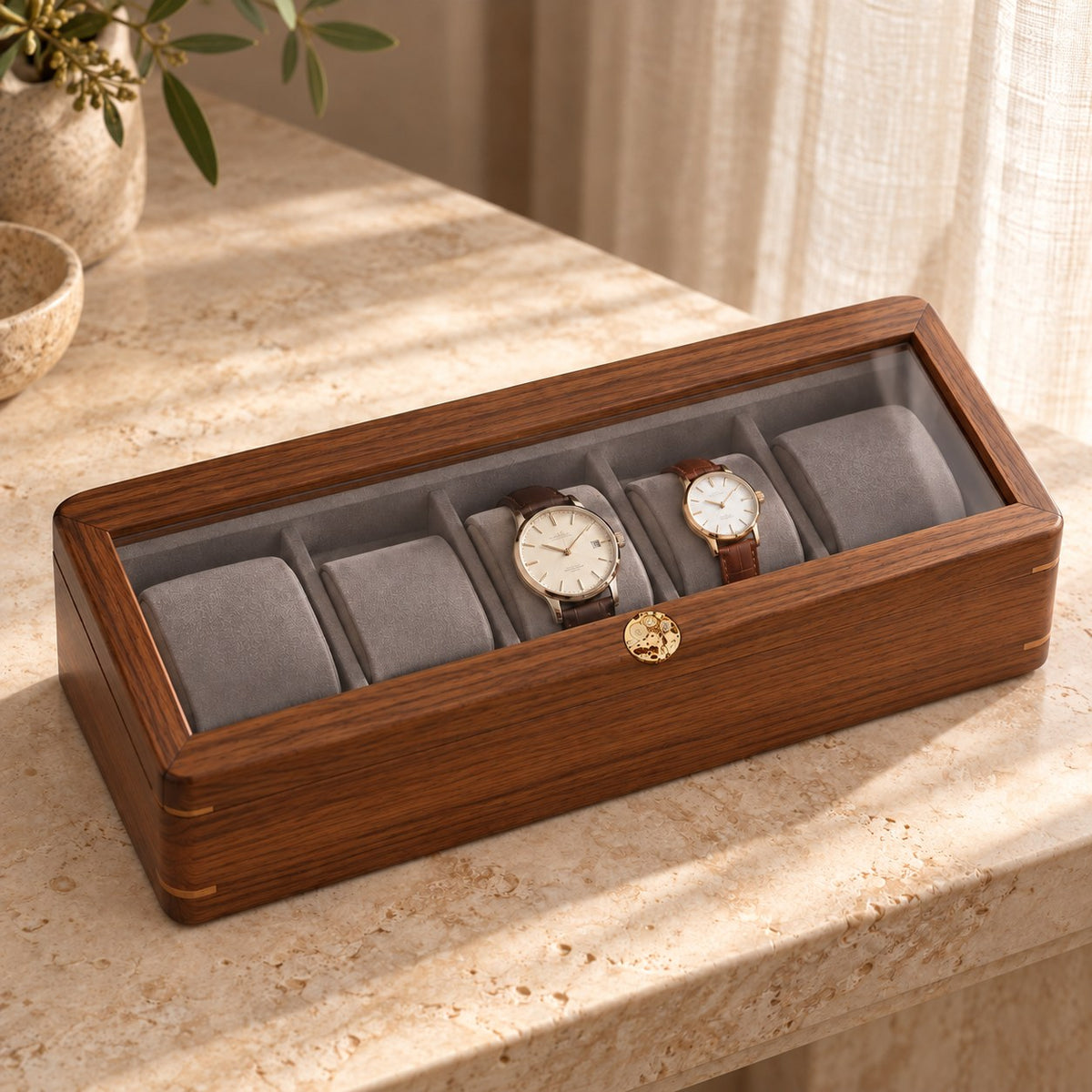 Pollux Walnut Watch Box in 5-Slot / 3 Large + 2 Small, on a sideboard in natural light #Size_5-Slot|Cushions Style_3 Large + 2 Small