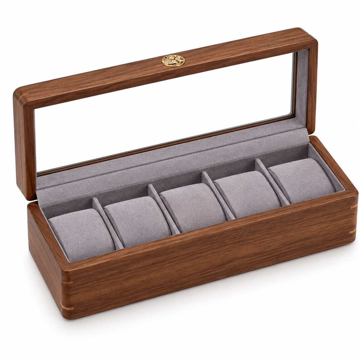 Pollux Walnut Watch Box in 5-Slot / Large, open with empty compartments, studio view on white #Size_5-Slot|Cushions Style_Large