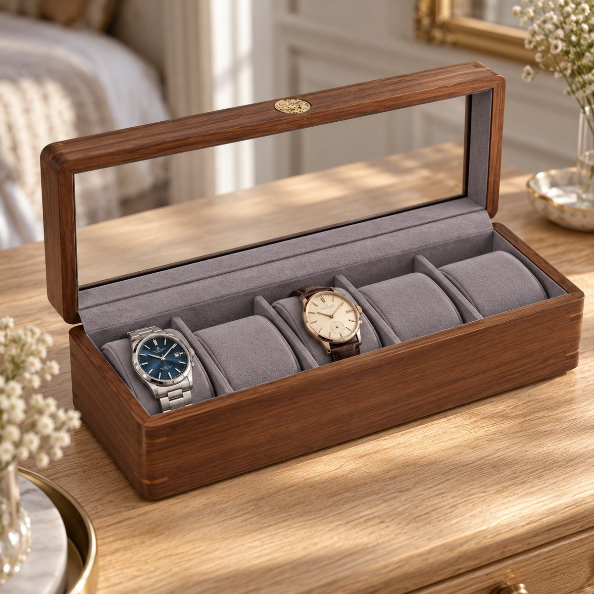 Pollux Walnut Watch Box in 5-Slot / Large, on a dressing table #Size_5-Slot|Cushions Style_Large