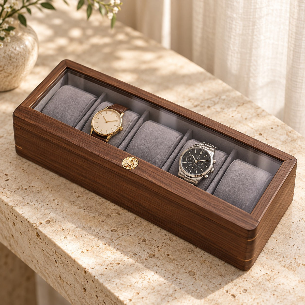 Pollux Walnut Watch Box in 5-Slot / Large, on a sideboard in natural light #Size_5-Slot|Cushions Style_Large