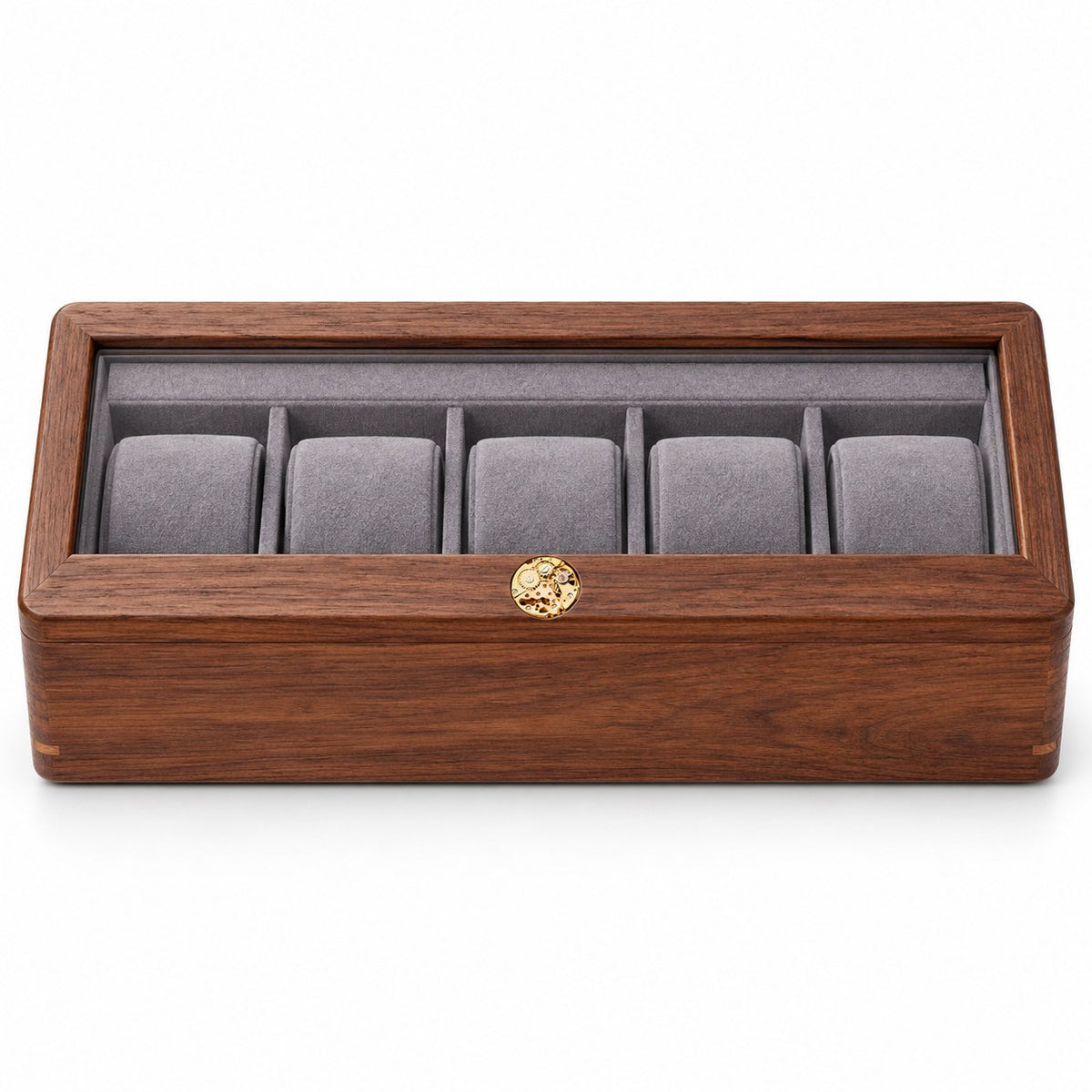 Pollux Walnut Watch Box in 5-Slot / Small, closed, studio view on white #Size_5-Slot|Cushions Style_Small