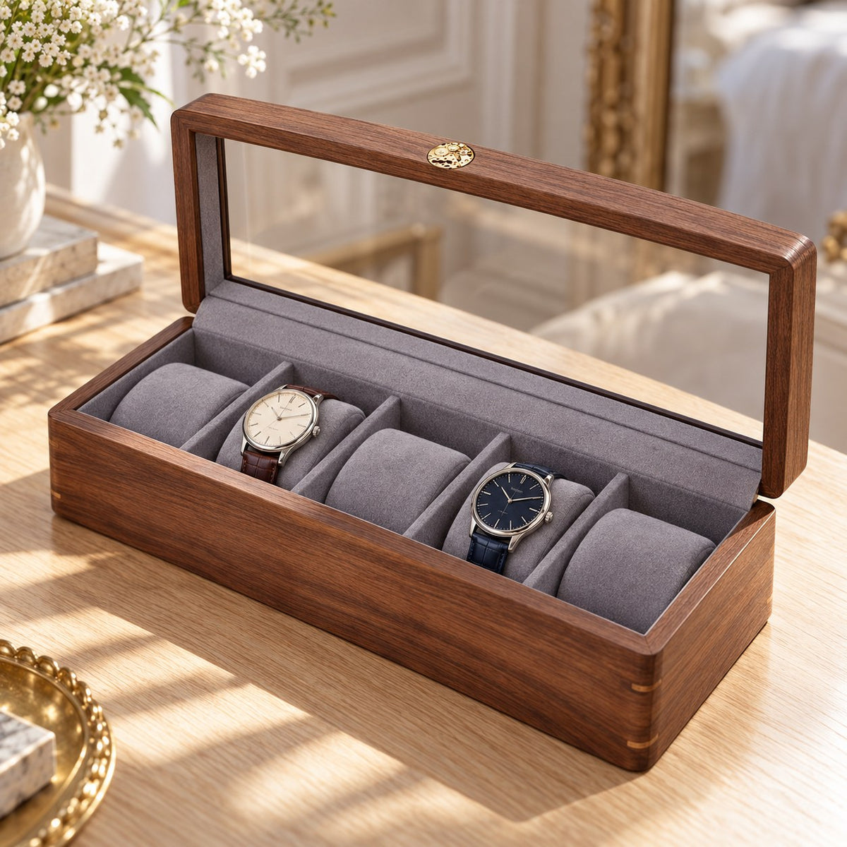 Pollux Walnut Watch Box in 5-Slot / Small, on a dressing table #Size_5-Slot|Cushions Style_Small