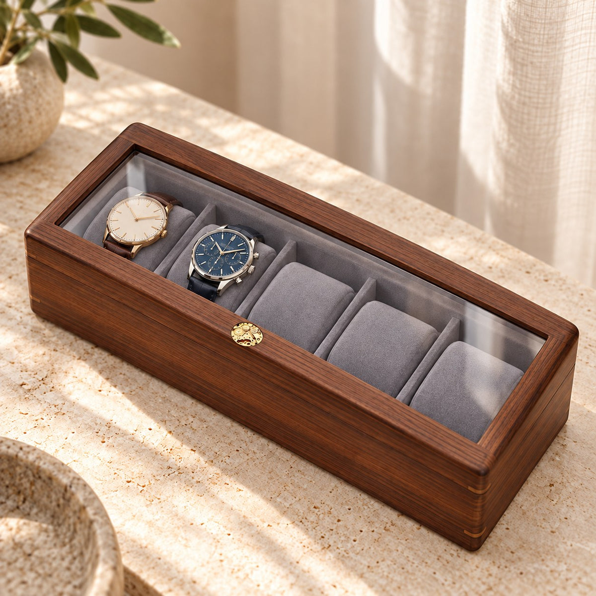 Pollux Walnut Watch Box in 5-Slot / Small, on a sideboard in natural light #Size_5-Slot|Cushions Style_Small