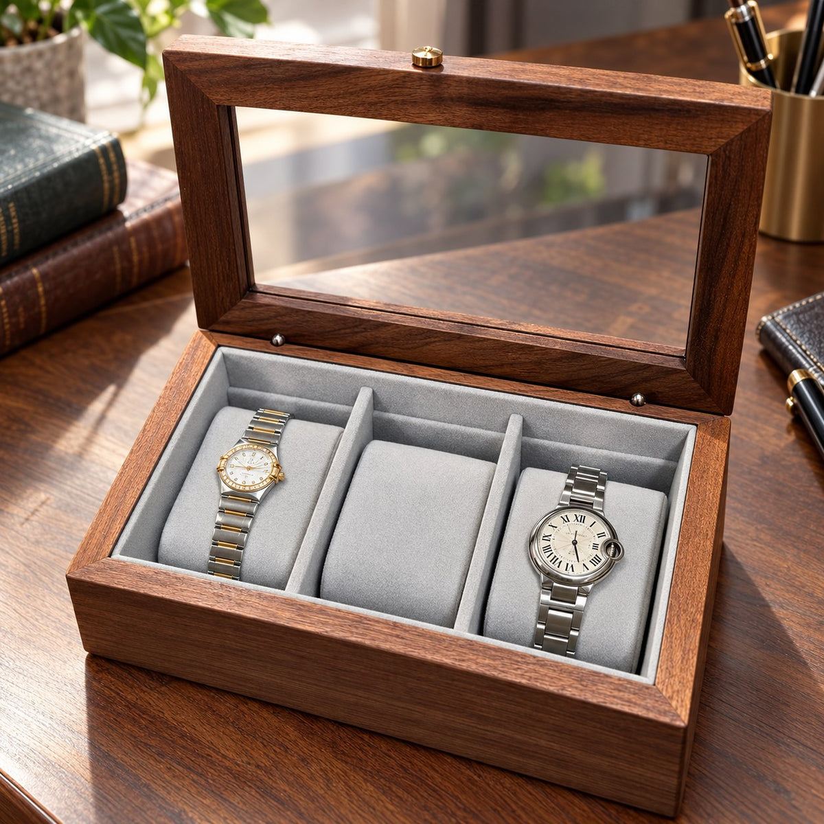 Rigel Walnut Watch Box in 3-Compartment Style / Large, on a desk #Style_3-Compartment Style|Watch Pillow_Large
