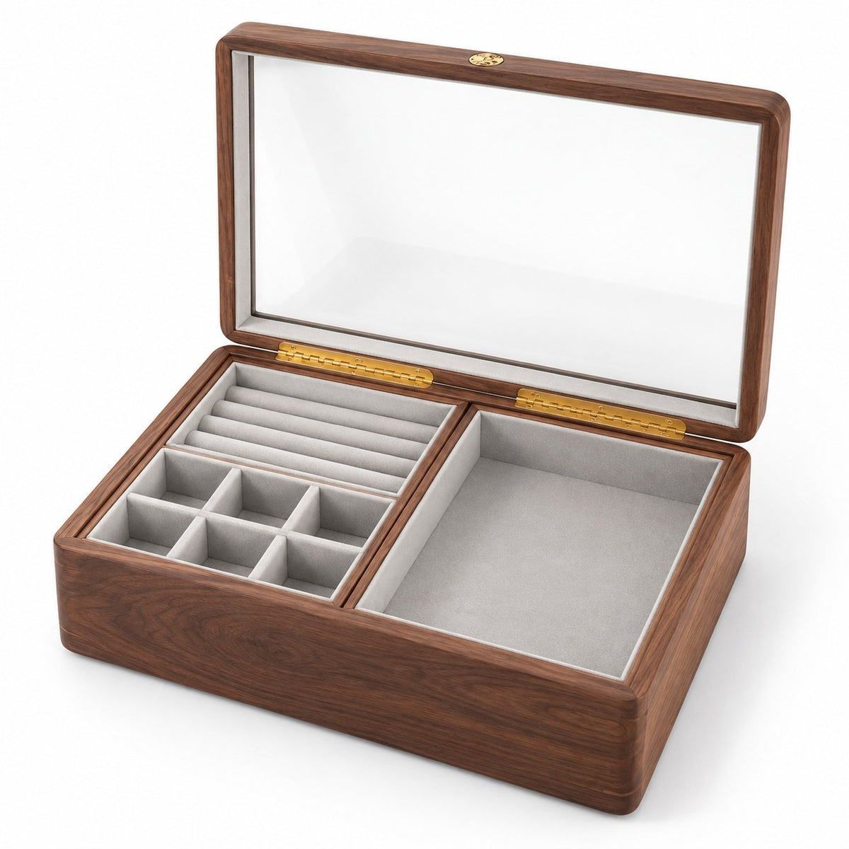 Spica Glass-Top Jewellery Box in Large / Grey, open with empty compartments, studio view on white #Size_Large
