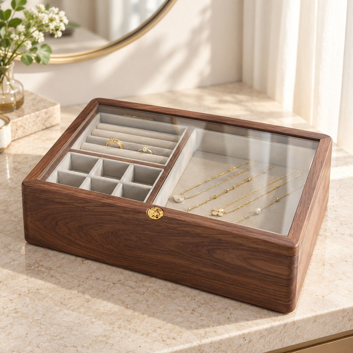 Spica Glass-Top Jewellery Box in Large / Grey, on a dressing table #Size_Large