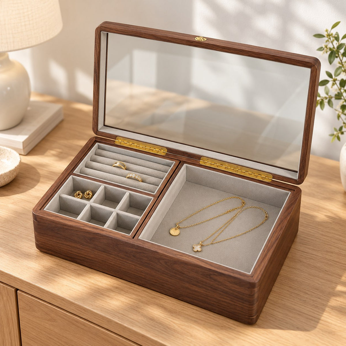 Spica Glass-Top Jewellery Box in Large / Grey, on a sideboard in natural light #Size_Large