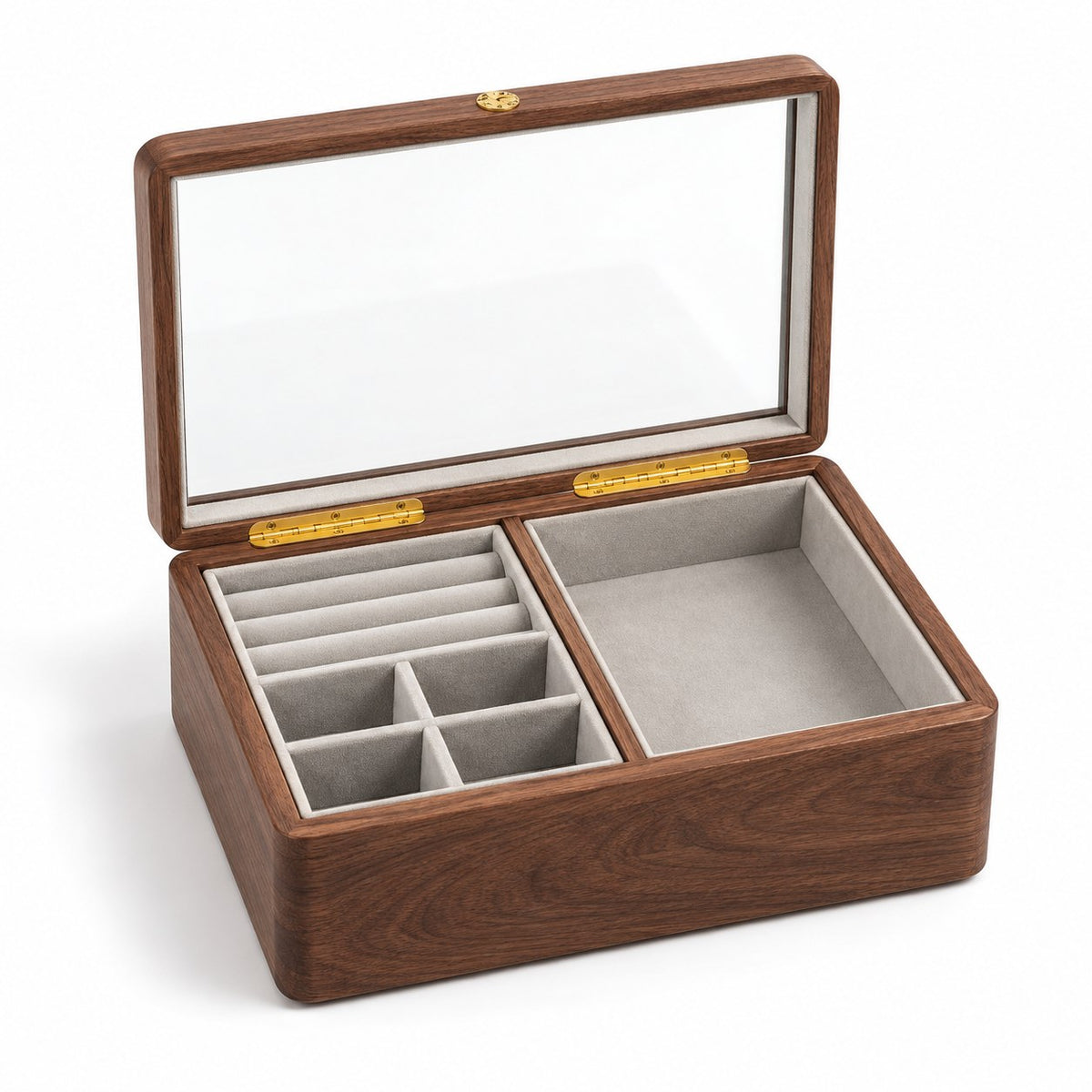 Spica Glass-Top Jewellery Box in Small / Grey, open with empty compartments, studio view on white #Size_Small