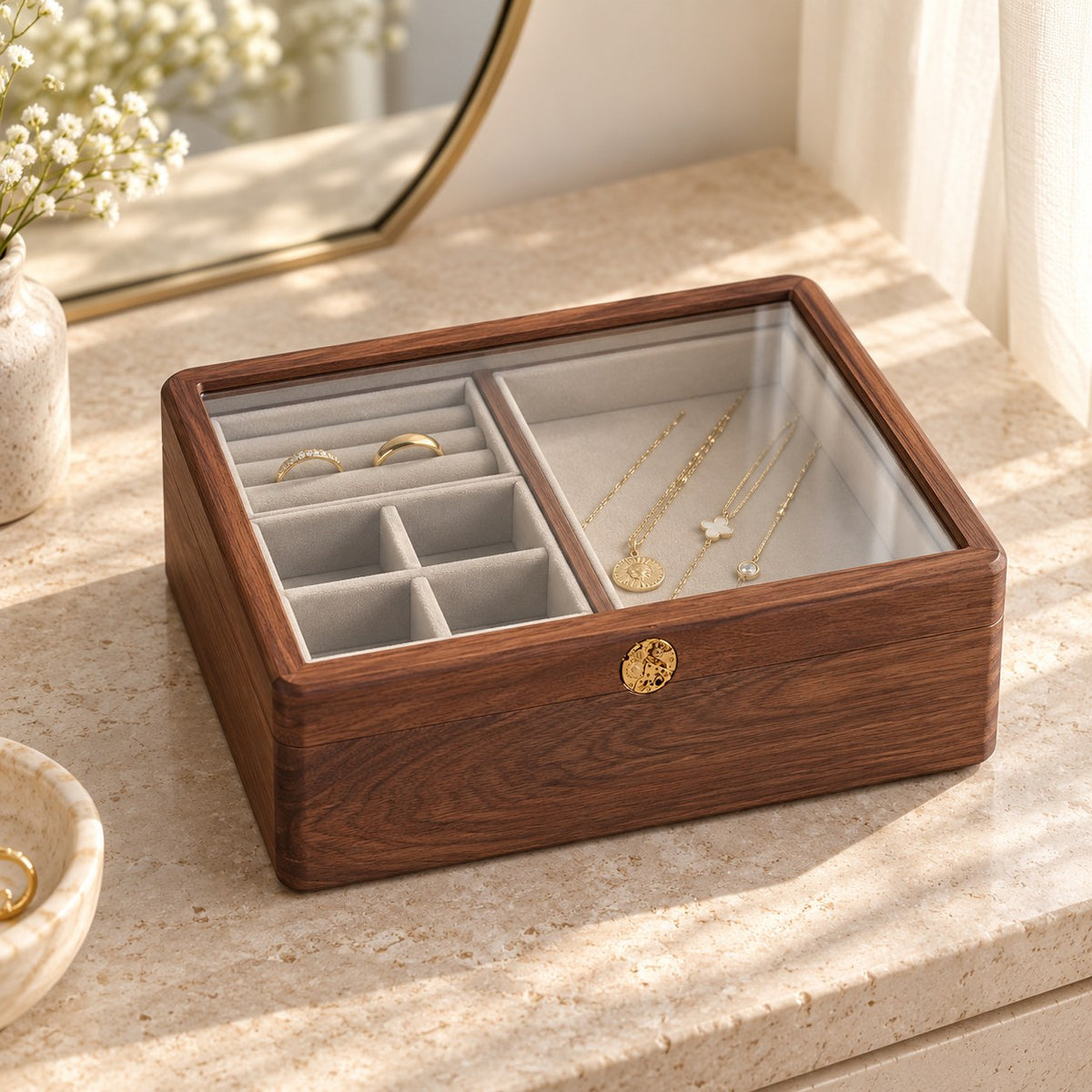 Spica Glass-Top Jewellery Box in Small / Grey, on a dressing table #Size_Small