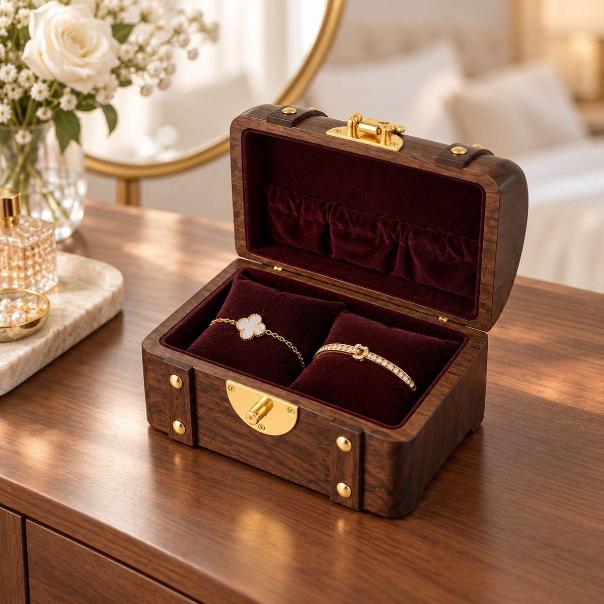 Thesaura Walnut Treasure Chest, Bracelet Box fitting, on a dressing table #Fitted For_Bracelet Box