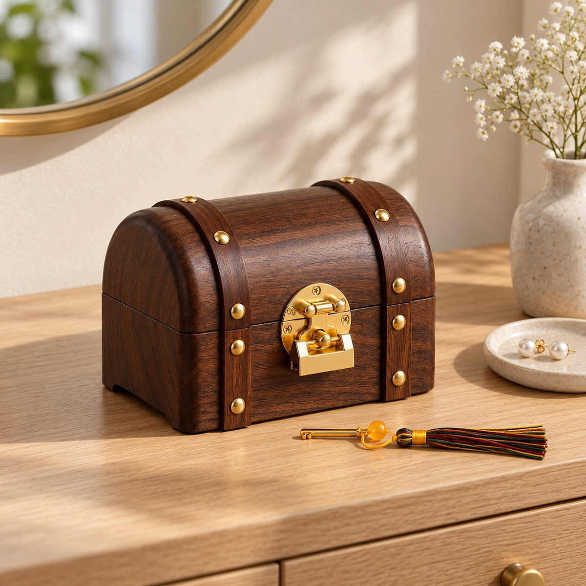 Thesaura Walnut Treasure Chest, Bracelet Box fitting, on a sideboard in natural light #Fitted For_Bracelet Box