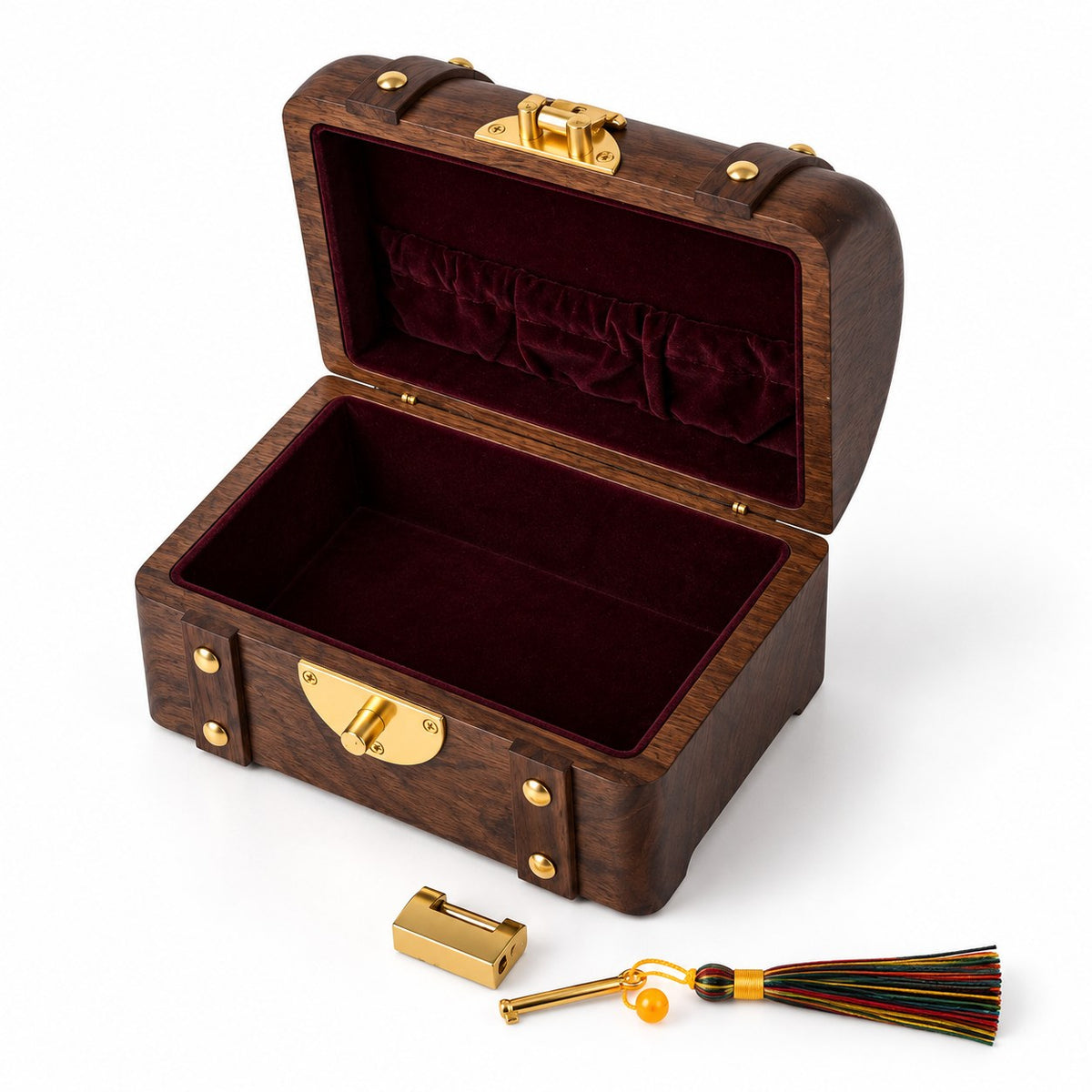 Thesaura Walnut Treasure Chest, Empty Box fitting, open interior, studio view on white #Fitted For_Empty Box